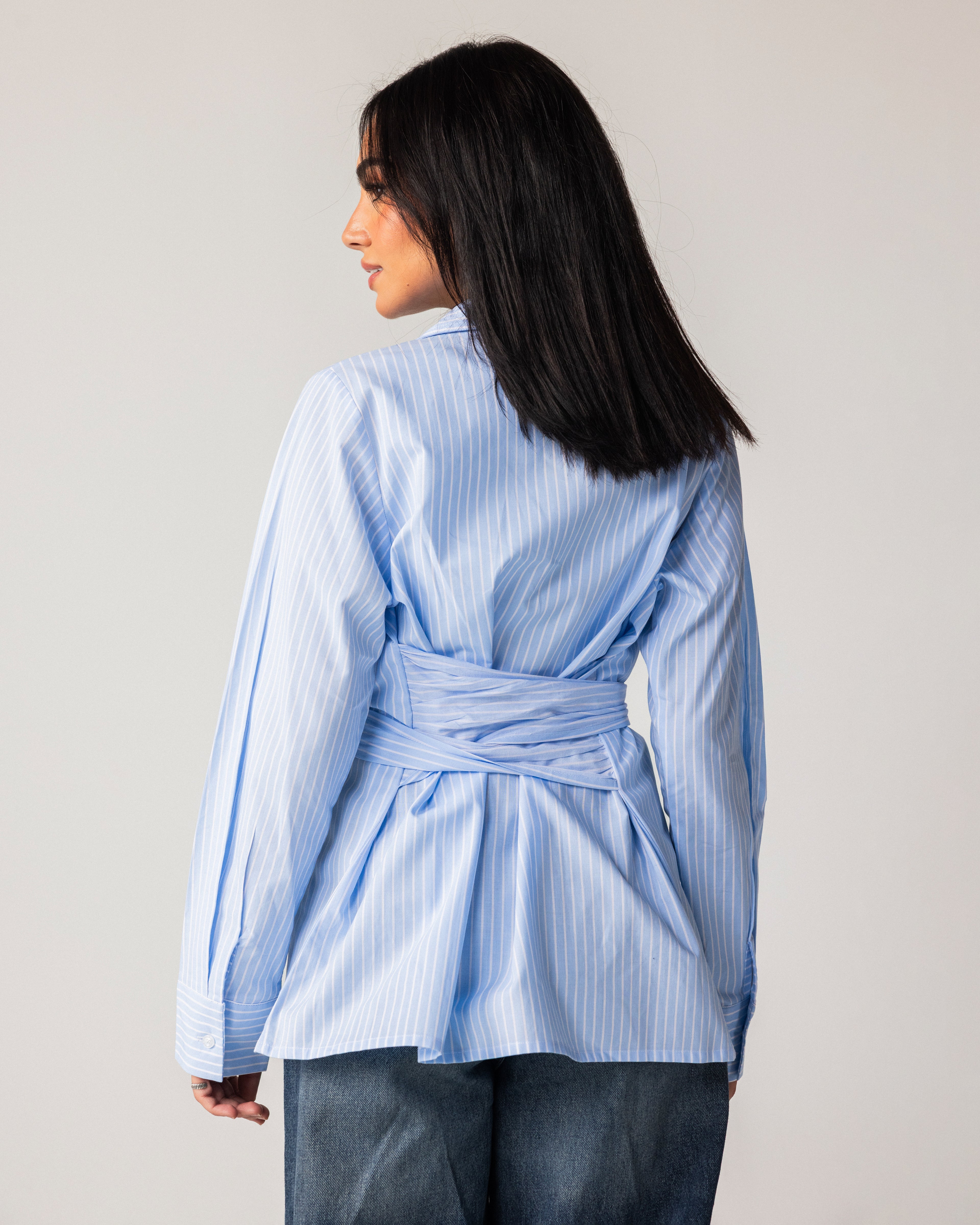 Striped shirt with a tie at the waist