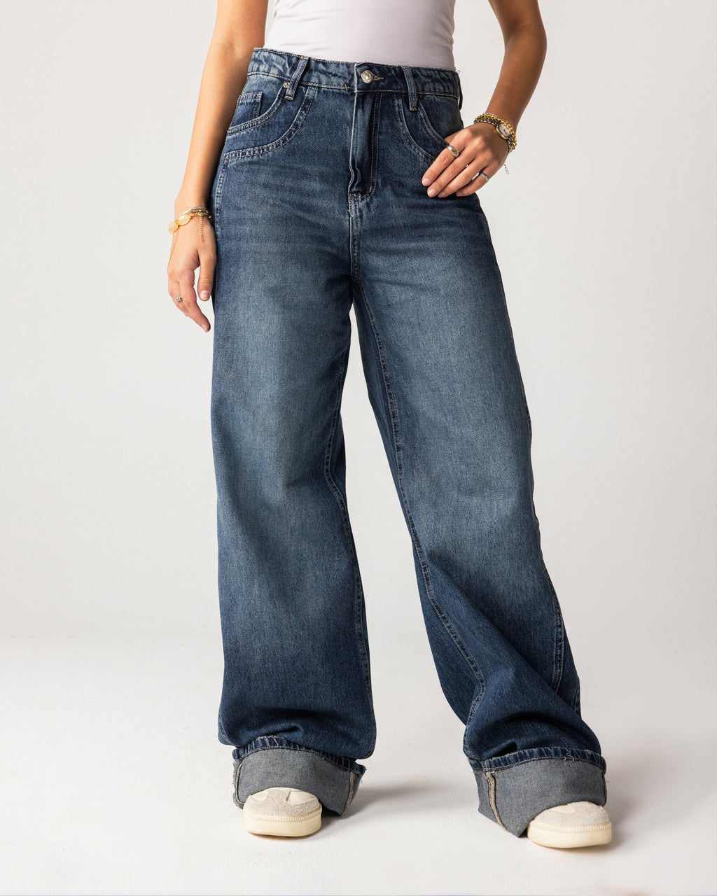 High-waisted wide-leg jeans with a relaxed, modern fit