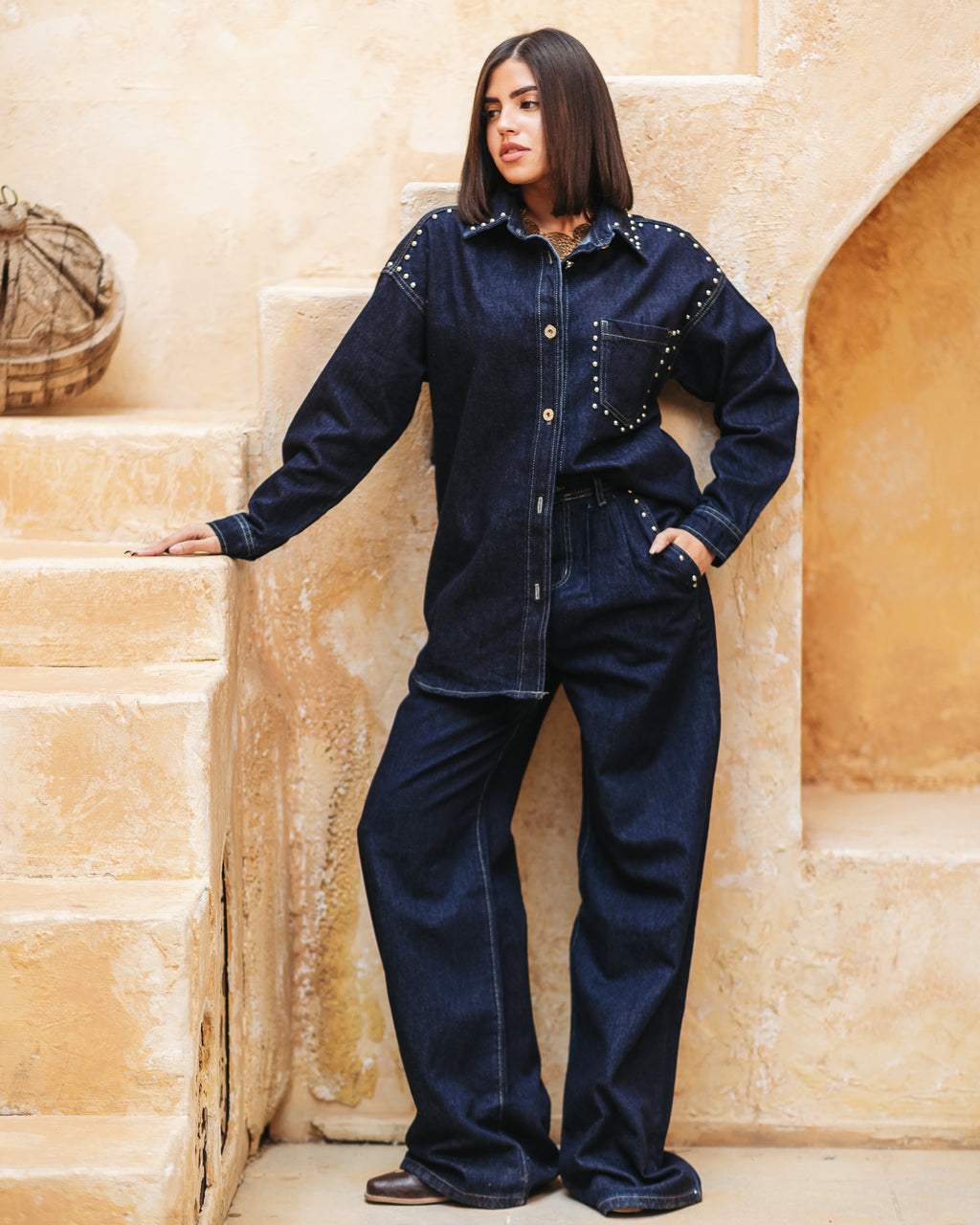 Studded wide-leg denim pants