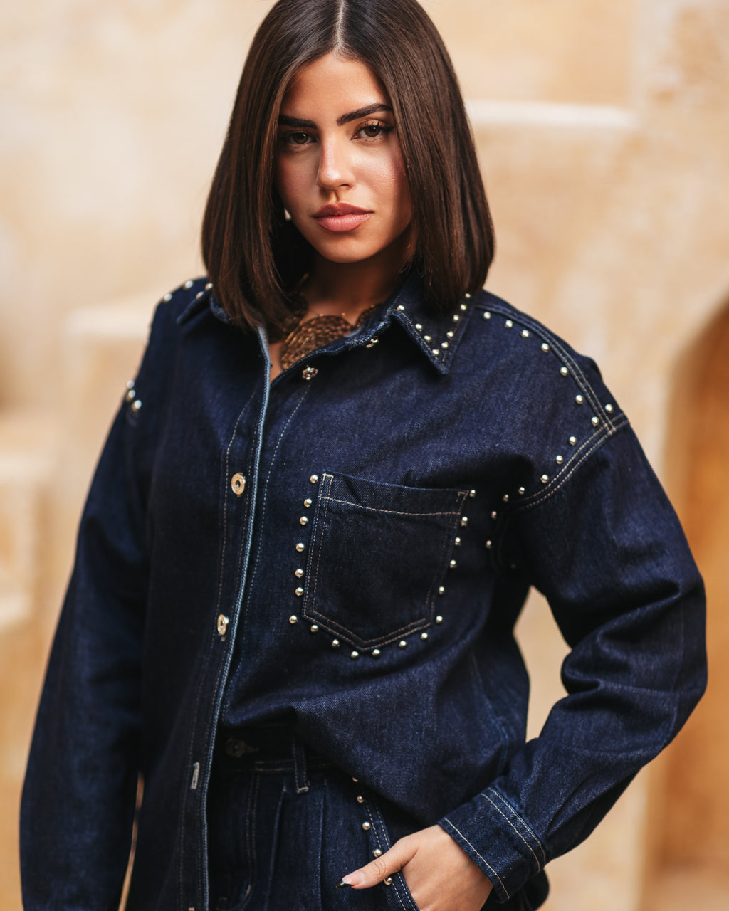 Chic studded denim shirt