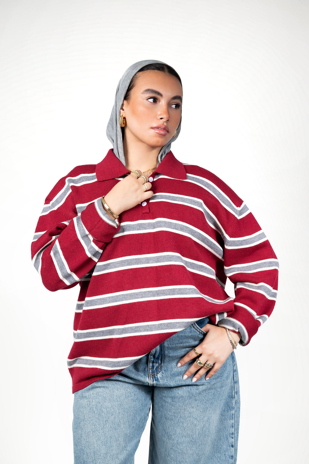 كنزة بولو مخططة - بني