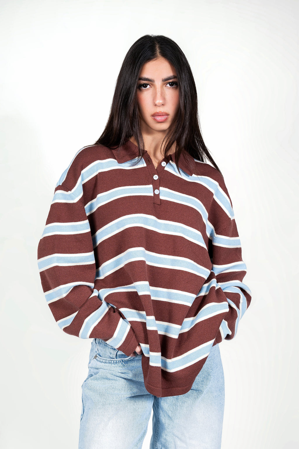 كنزة بولو مخططة - بني