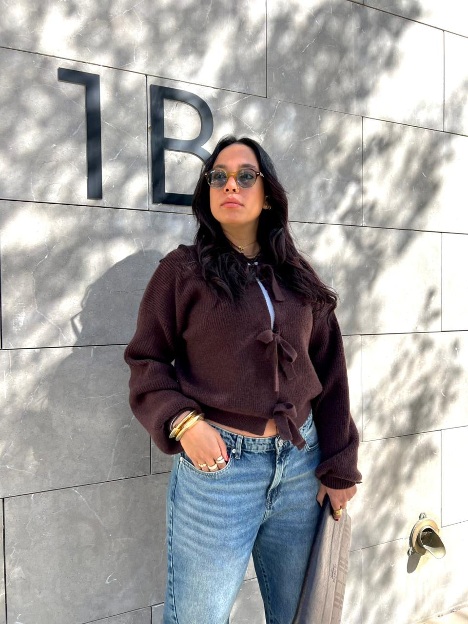 Soft knit cardigan with front bow ties