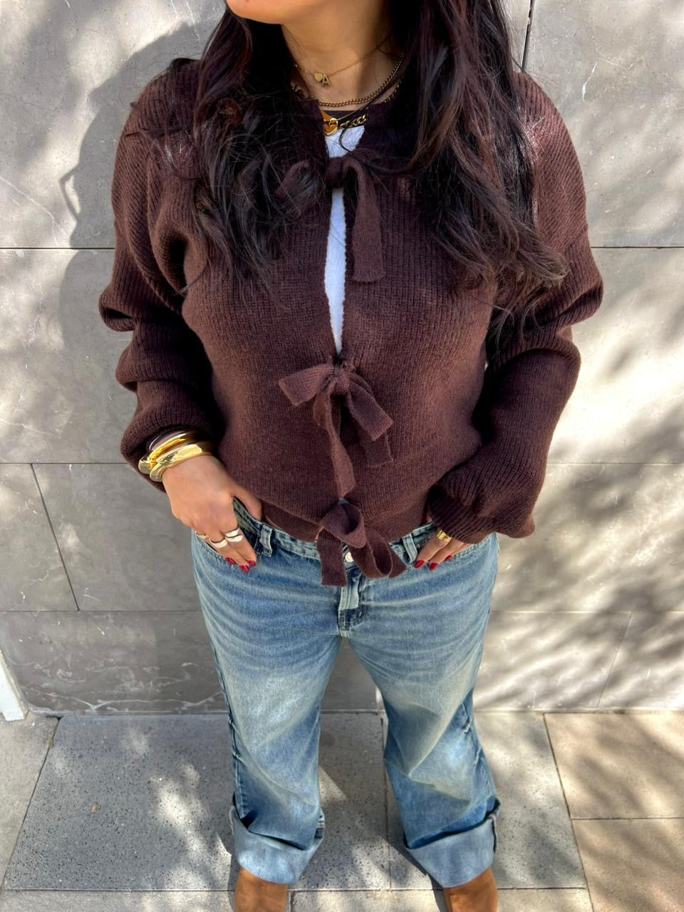 Soft knit cardigan with front bow ties