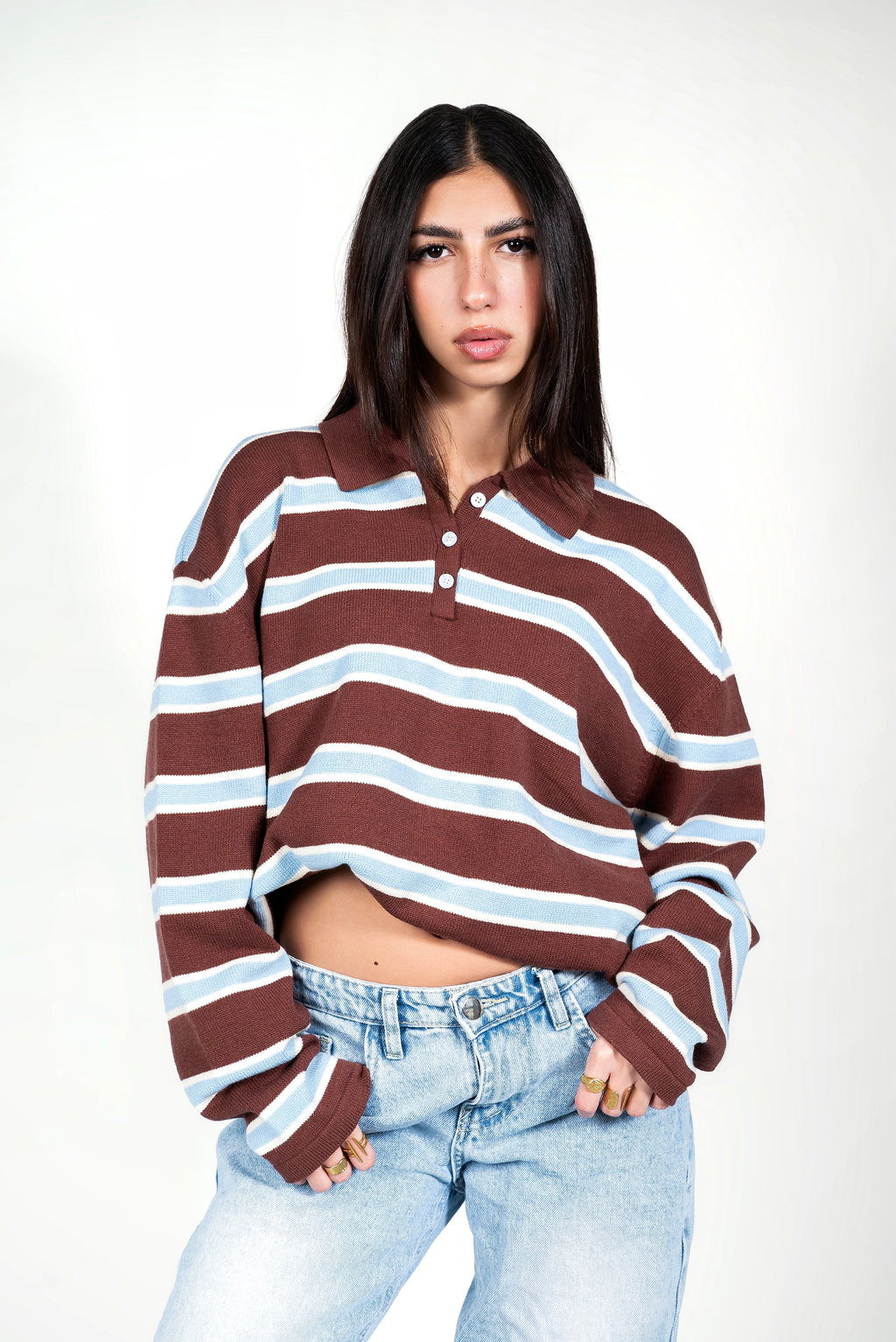 كنزة بولو مخططة - بني