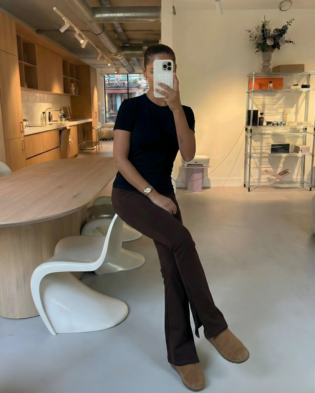 Flared pants with side slit